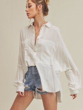 AEMI+CO White Delilah Oversized Raw Edge Button Down Shirt S Boho Coastal Cotton
